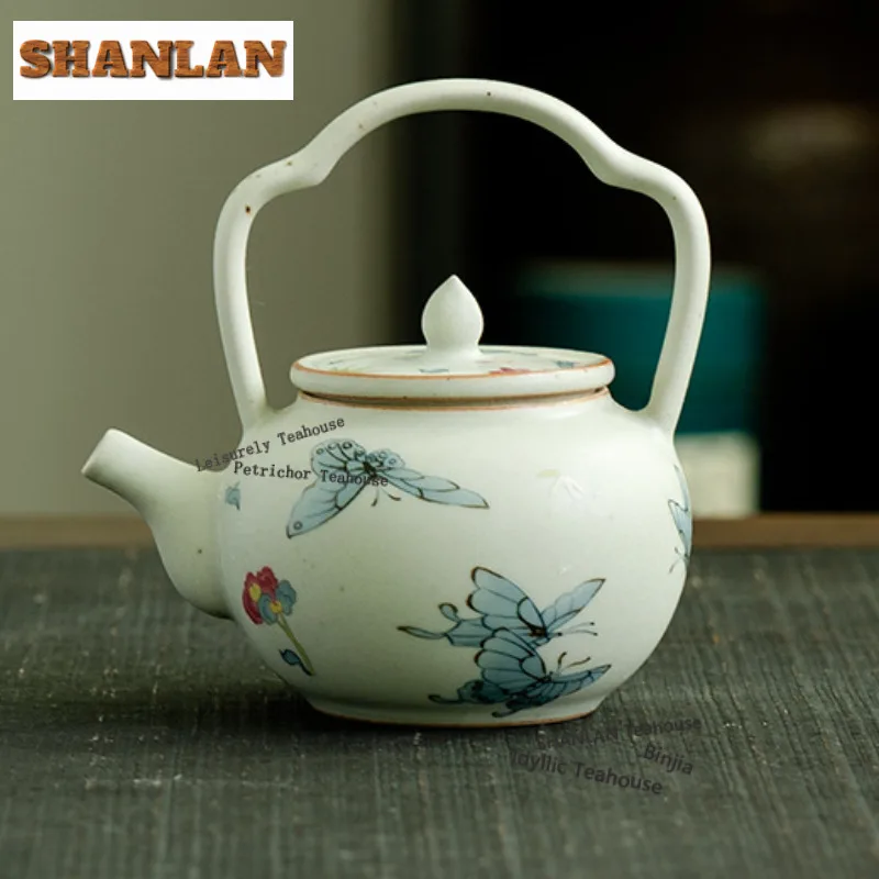 

170ml Blue And White Ru Kiln Butterfly Teapot Creative Tea Infuser Lifting Handle Pot Tea Maker Kettle With Strainer For Teaset