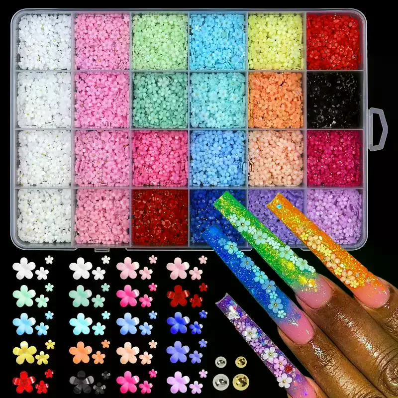 6 Grids 3D Flower Nail Charms Mixed Colors Nail Art Decoration Set for DIY Manicure Salon or Home