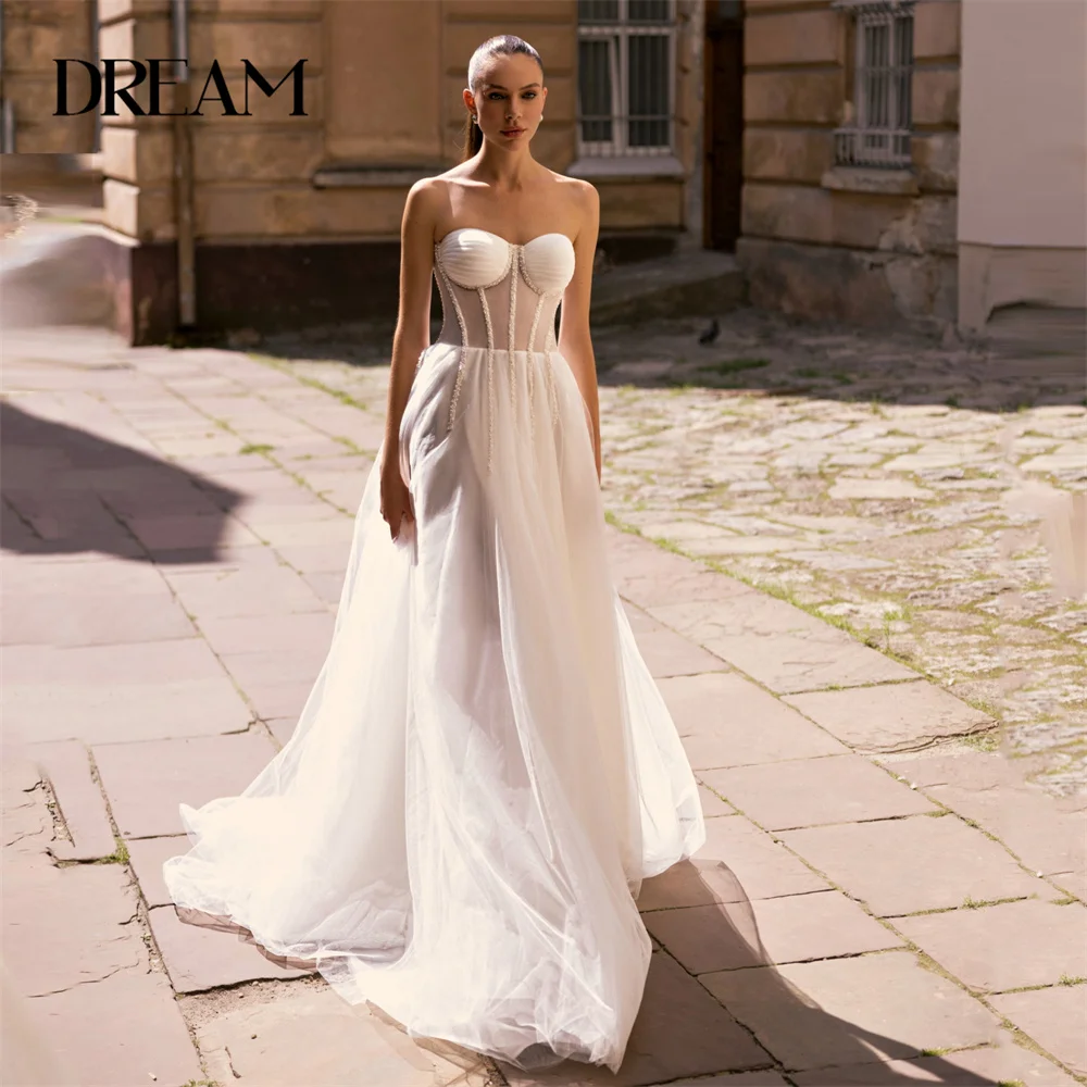 

DREAM Beading A-Line Wedding Dress Women 2025 Strapless Open Back Pleat Tulle Sleeveless Bridal Gown Vestido De Noiva Customized
