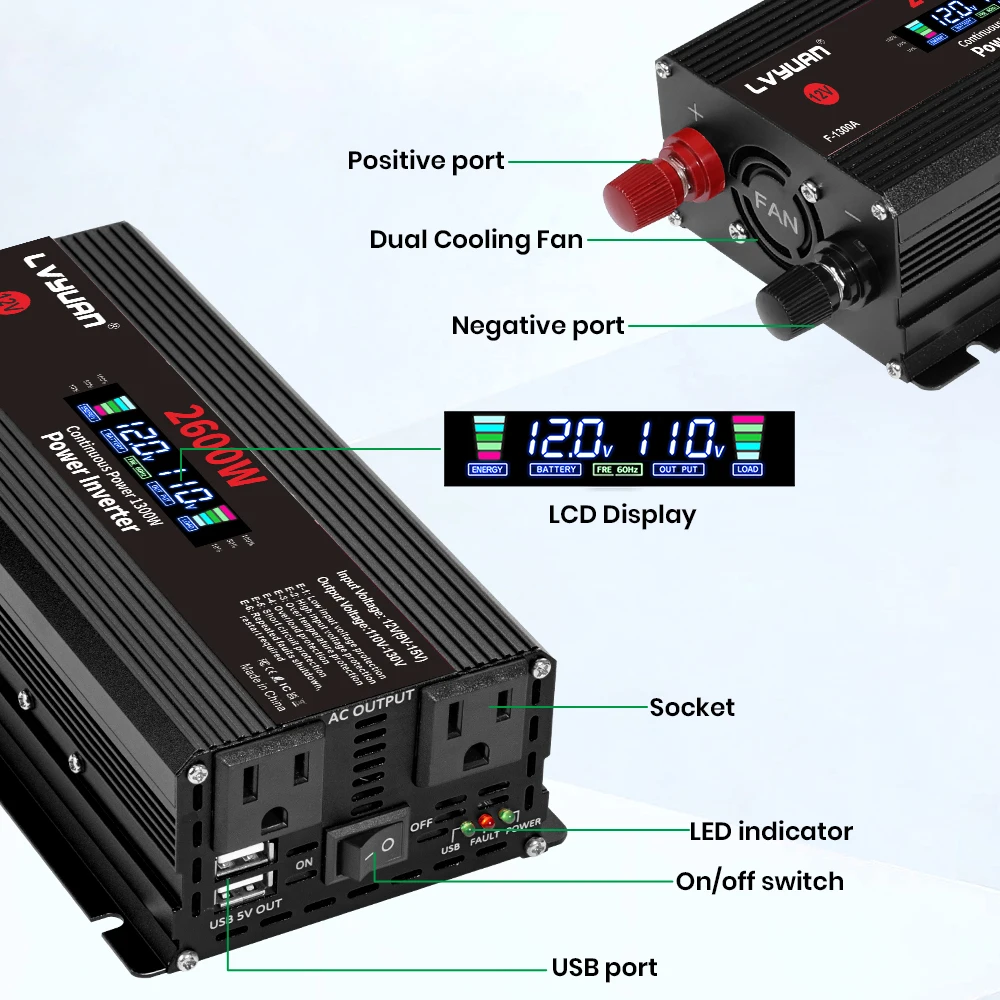 1500W 2000W 2600W Power Inverter DC 12V to AC 110V 120V Car Voltage Converter Pure Sine Wave Modified Sine Wave LCD Display Dual USB Fast Charging US Socket 60Hz Converter Adapter for RV Truck Camping Outdoor Emergency Home Solar System Charger