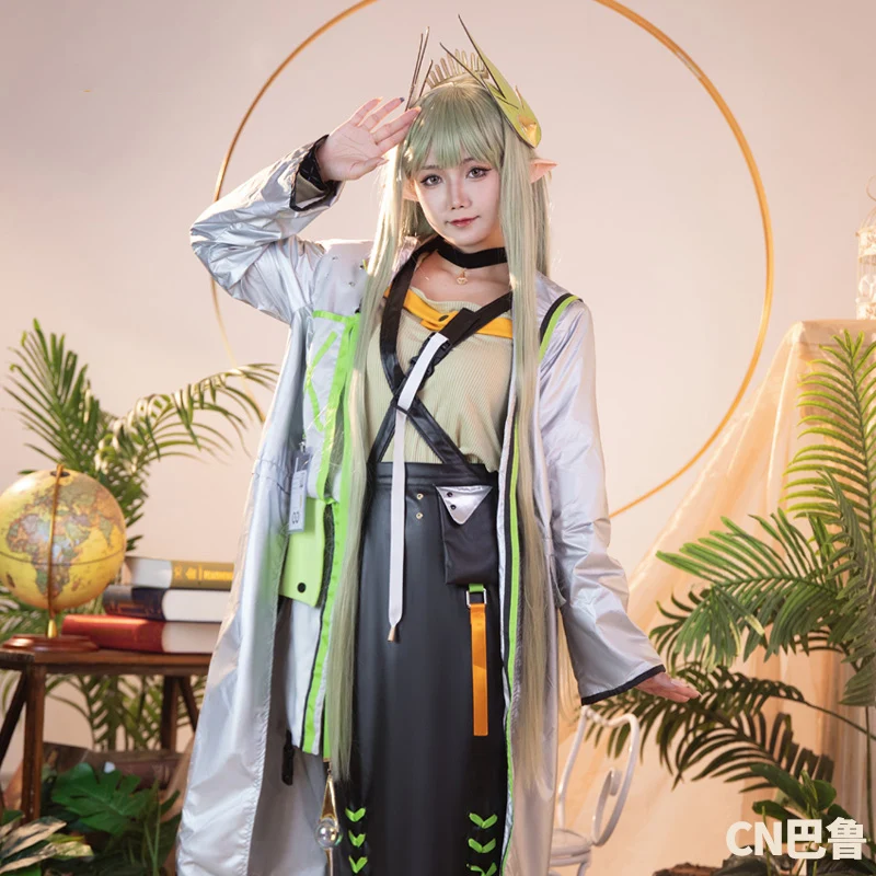 The Arknights Muelsyse Cosplay Cool Linen Green coat black Leather skirt game  Costume full set A