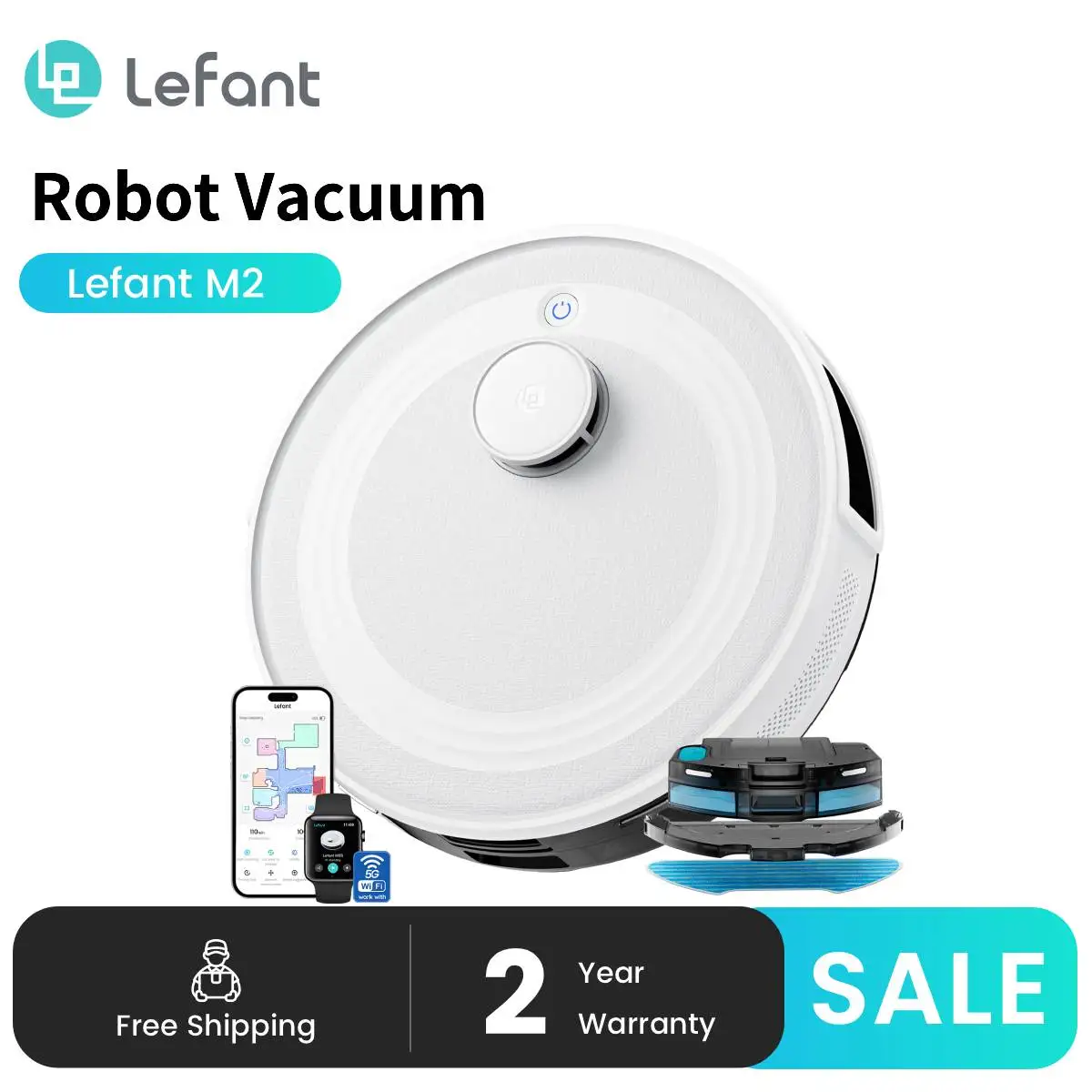Lefant M2 Robot Aspirapolvere e Lavapavimenti con Aspirazione 6000Pa, Navigazione Lidar dToF, Evitamento Ostacoli Intelligente, Rimozione Peli di Animali, Ricarica Automatica, Pulitore per Pavimenti