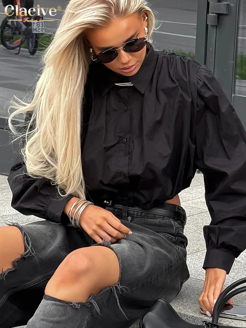 Clacive Mode Lose Schwarz Baumwolle frauen Hemd 2025, Sexy Revers Langarm Shirts Elegante Klassische Crop Top Weibliche Kleidung
