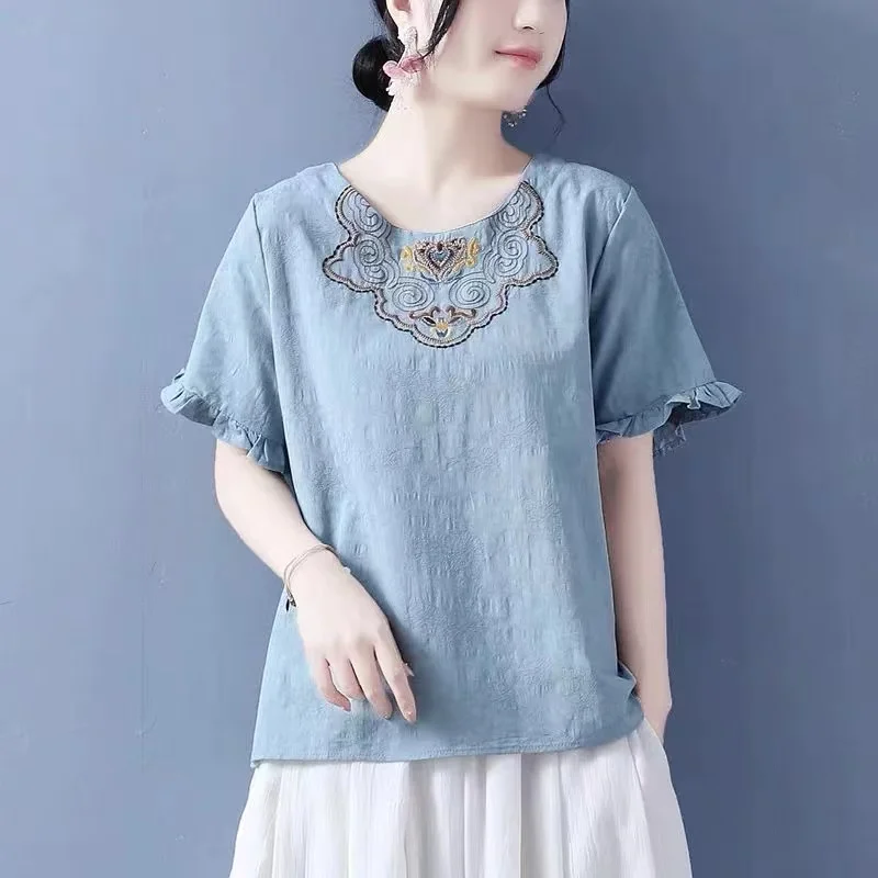 

Retro Cotton Linen ort Sve Embroidered Loose Women's irt Summer 2025 Comfortable Breathable Faionable round Ne But...