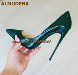 ALMUDENA Blue-green Mirrow Leather Pointed Toe Shoes 12cm Thin High Heels Pointed Toe Shallow Dress Pumps Luxury Bride Footwear