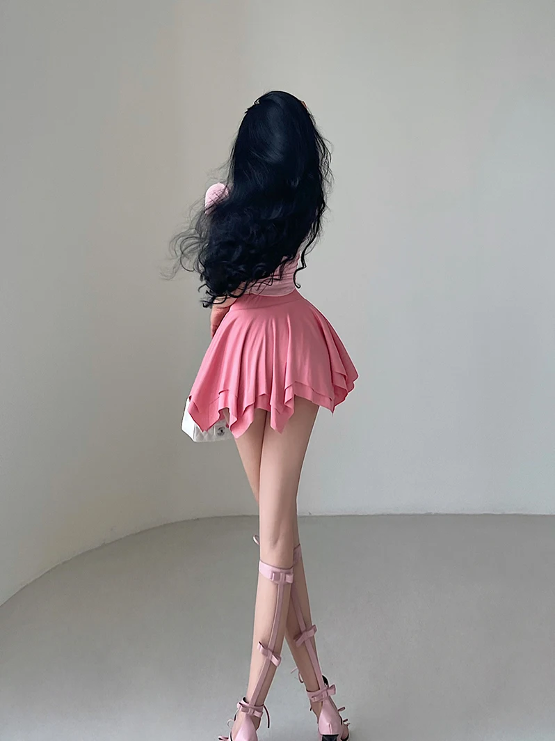 WOMENGAGA Sexy High Waist Slim Safety Skorts Irregular Pleated Pink Skirt Half Body Short Streetwear Hot Sexy Korean Women 51DL