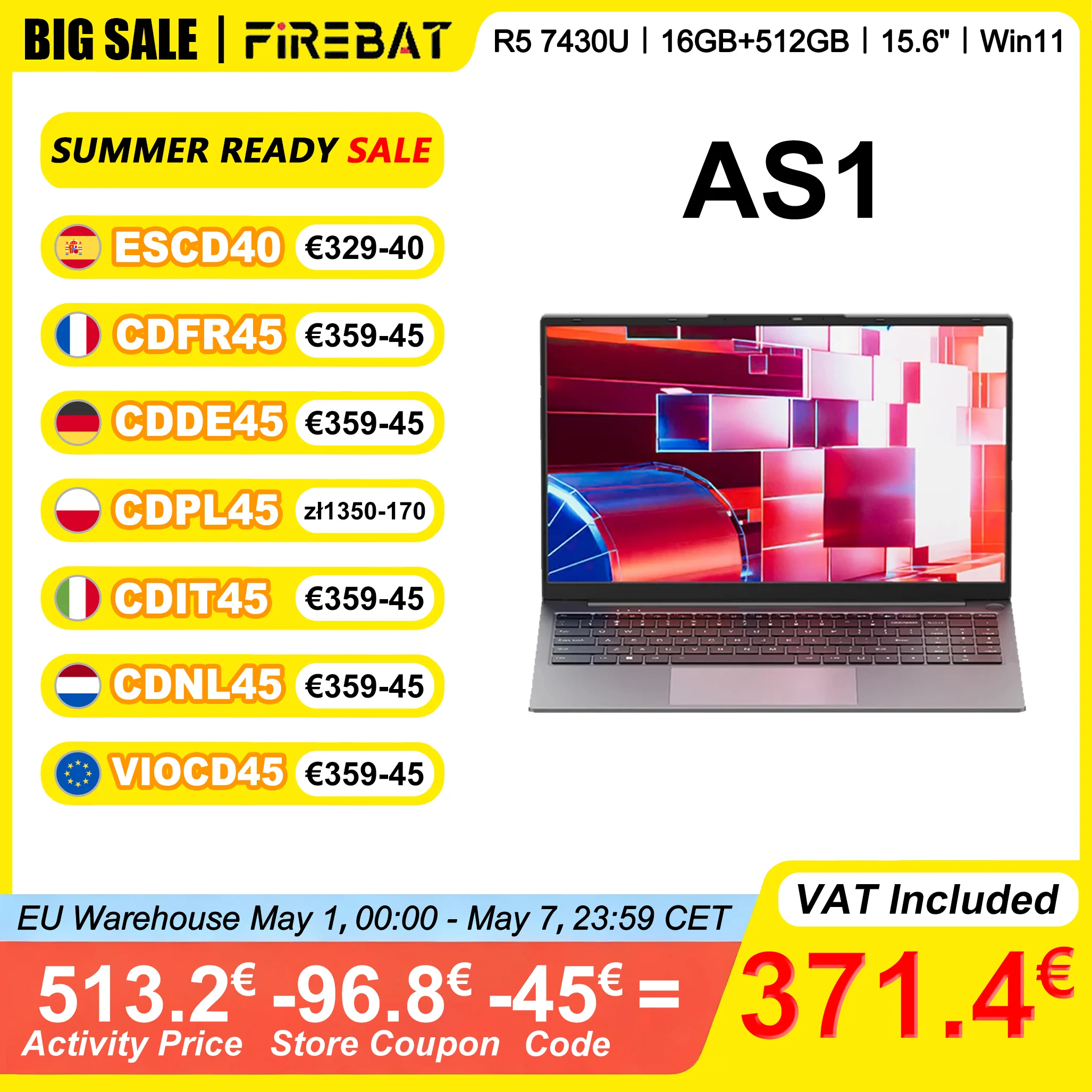 FIREBAT AS1 Laptop 15,6 Zoll AMD R5 7430U 16GB DDR4 RAM 512GB SSD IPS Windows 11 Type-C WIFI6 Notebook mit Volltastatur
