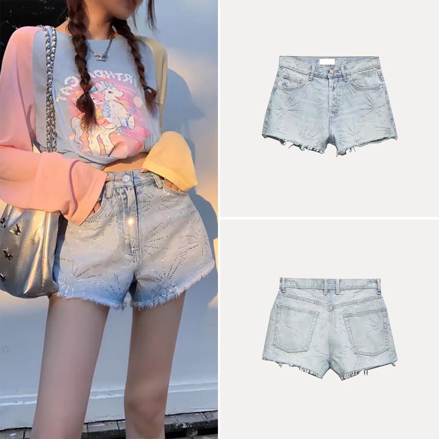 

Spring 2026 Women's Fashion Personality Shiny Leather Shorts Standard Fit Natural Waist Micro Stretch Denim Shorts Zadata Brand