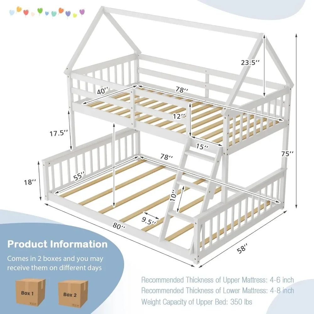 Bunk Bed,Built in Ladder, Convertible To 2 Beds, Floor Bunks Beds for Kids Teens Juniors, Solid Wood House Bed Frame