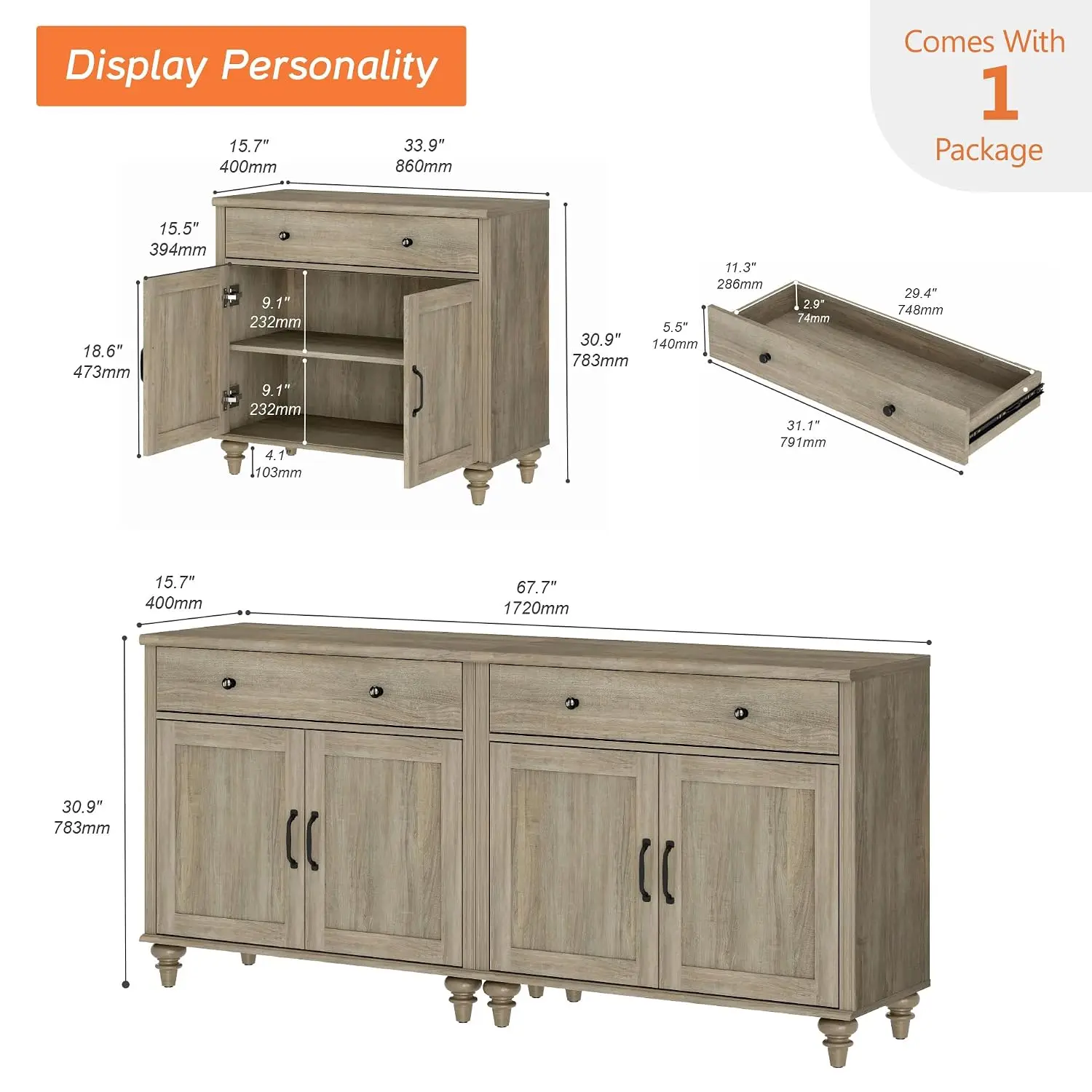Modern Buffet Cabinet 4 Doors 2 Drawers Wash Grey 68 inch, Customized
