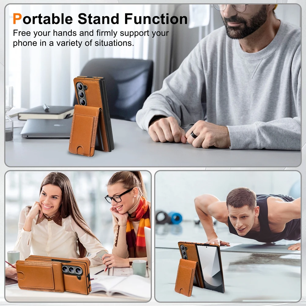 Retro Pure Color Leather Phone Case For Samsung Galaxy Z Fold7 6 5 4 3 With Screen Protector Film Wallet Cards Bag Bracket Cover view 3