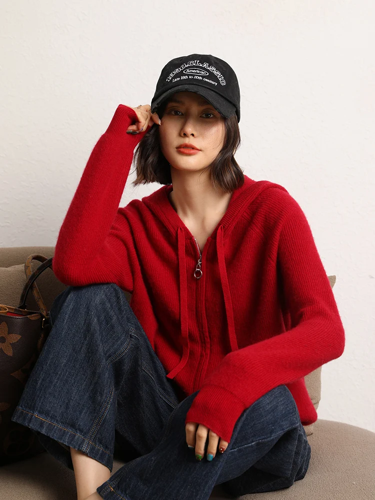 

Quality Stylish Coat Casual Loose Hooded Cardigan Autumn Winter Women's 100% Cashmere Knitwear Lazy Clothing Classic Versatile
