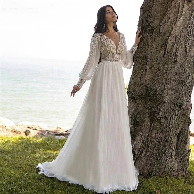 A-Line Simple Wedding Dresses For Bride Long Puff Sleeves V-Neck Bridal Gowns 2023 Chiffon Lace Vintage Vestidos De Novia 2024