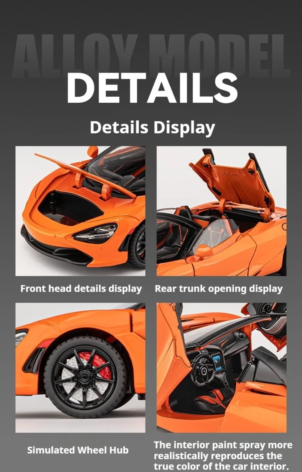 1:24 Senna GTR 720S Miniature Model Alloy Diecast Sports Car Toys Front Wheel Steering Sound Light Pull Back Boys Festival Gifts