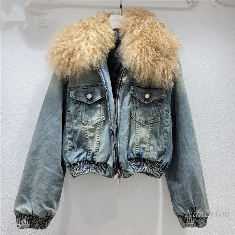 

2024 Winter Denim Jacket Woman New Design Thickened Warm Short Coat Removable Real Sheep Lamb Fur Collar Cotton-padded Coat