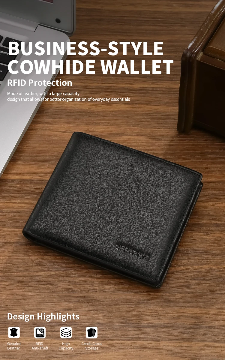 Herren-Geldbörse mit RFID-Schutz aus Echtleder, Große Kapazität, Kartenhalter, Integrierte Ultraflache Brieftasche – Detail 1