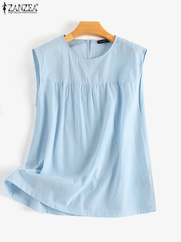 ZANZEA-Blusa lisa sin mangas para mujer, camisa holgada informal a la moda para vacaciones y playa, verano, 2024