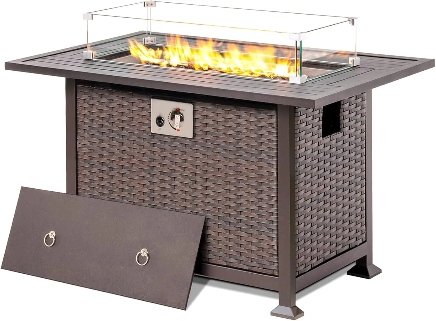 

Propane Gas Fire Pit Table, 50000 BTU Auto-Ignition Rattan Outdoor Fire Pits Table for Outside Patio w/Tabletop,Glass Wind Guard