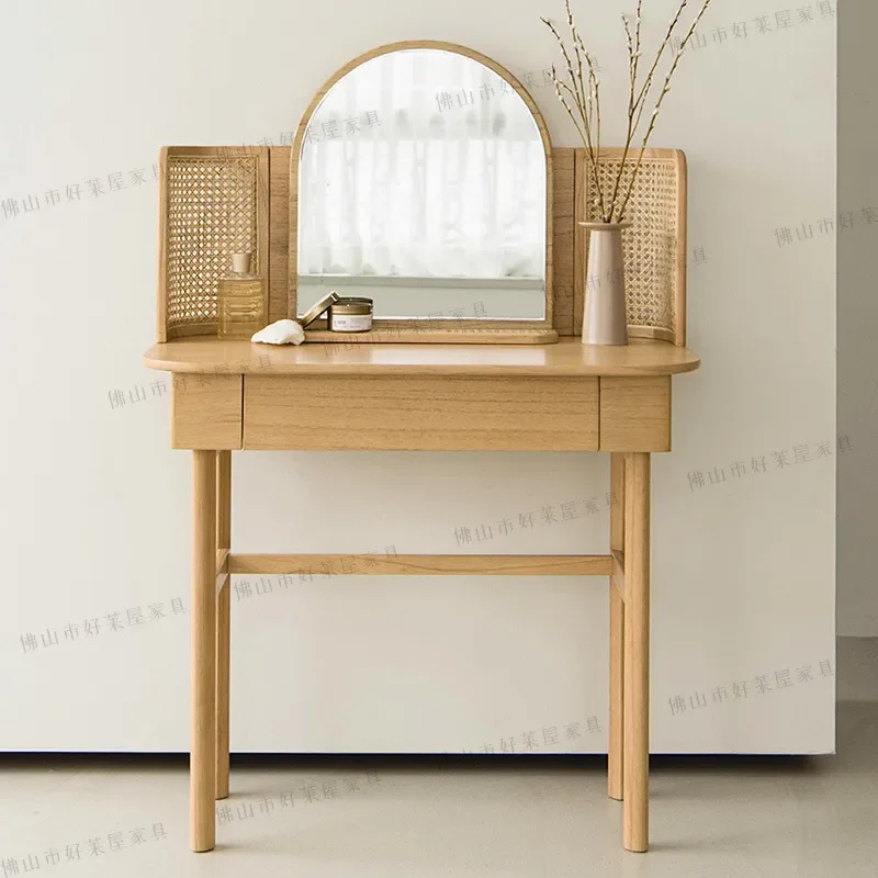 Retro Rattan Dresser with Mirror Solid Wood Makeup Table Modern Simple Vanity for Small Apartment Bedroom Multi-functional
