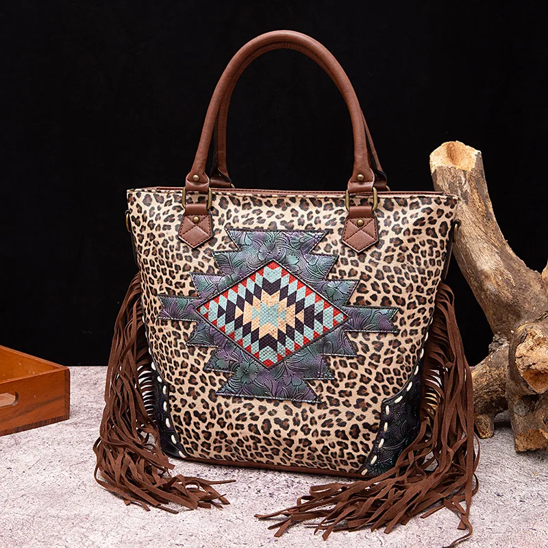 

Fashion Leopard Brown Bucket Handbag Women Laptop Tote Bag with Tassels Large Capacity Western Cowgirls Shoulder Soft Tote Bags