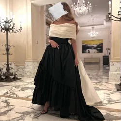 Customized Pleats Simple Off The Shoulder A-Line Evening Dresses Contrast Color Boat Neck Draped Floor-Length Court Train Prom G