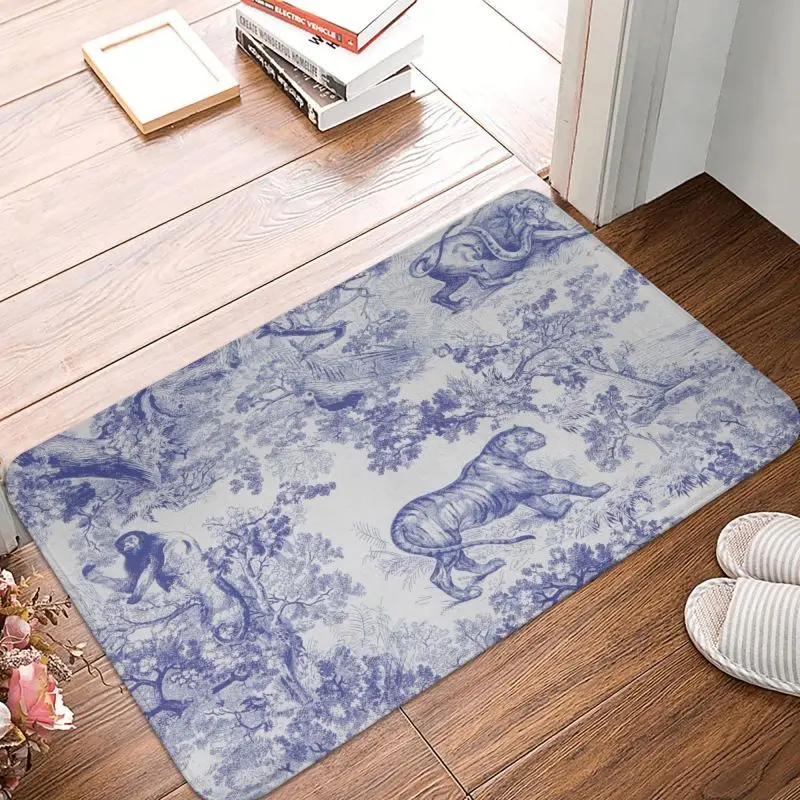 Custom Vintage Classic French Toile De Jouy Navy Blue Motif Pattern Doormat Mat Anti-Slip Animal Forest Floral Art Rug Carpet