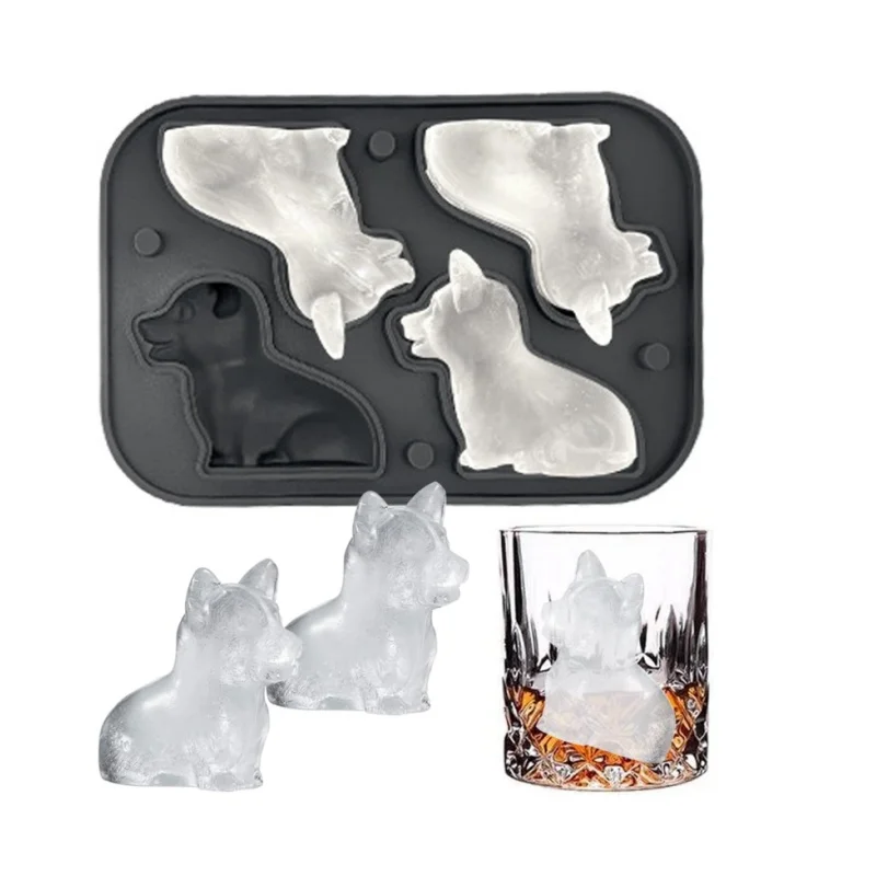 3D corgi dog ice tray Home made ice mold Silicone ice mold with cover Easy demoulding BPA free, suitable for whisky and cocktail