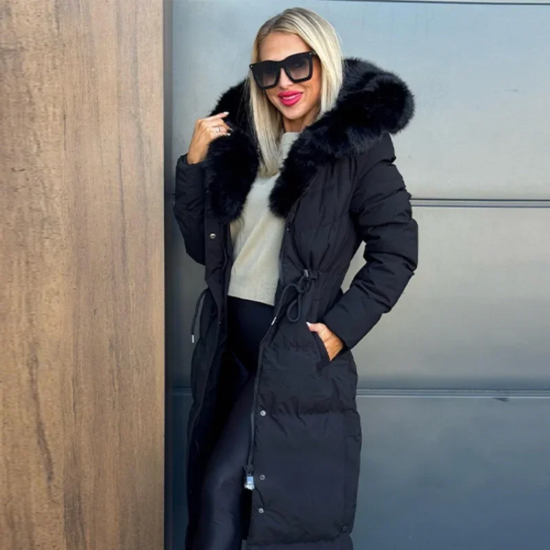 Thicken Faux Fur Collar Cotton Overcoat Women Elegant Hooded Drawstring Cinched Waist Slim Coat 2026 Warm Winter Parka Outerwear