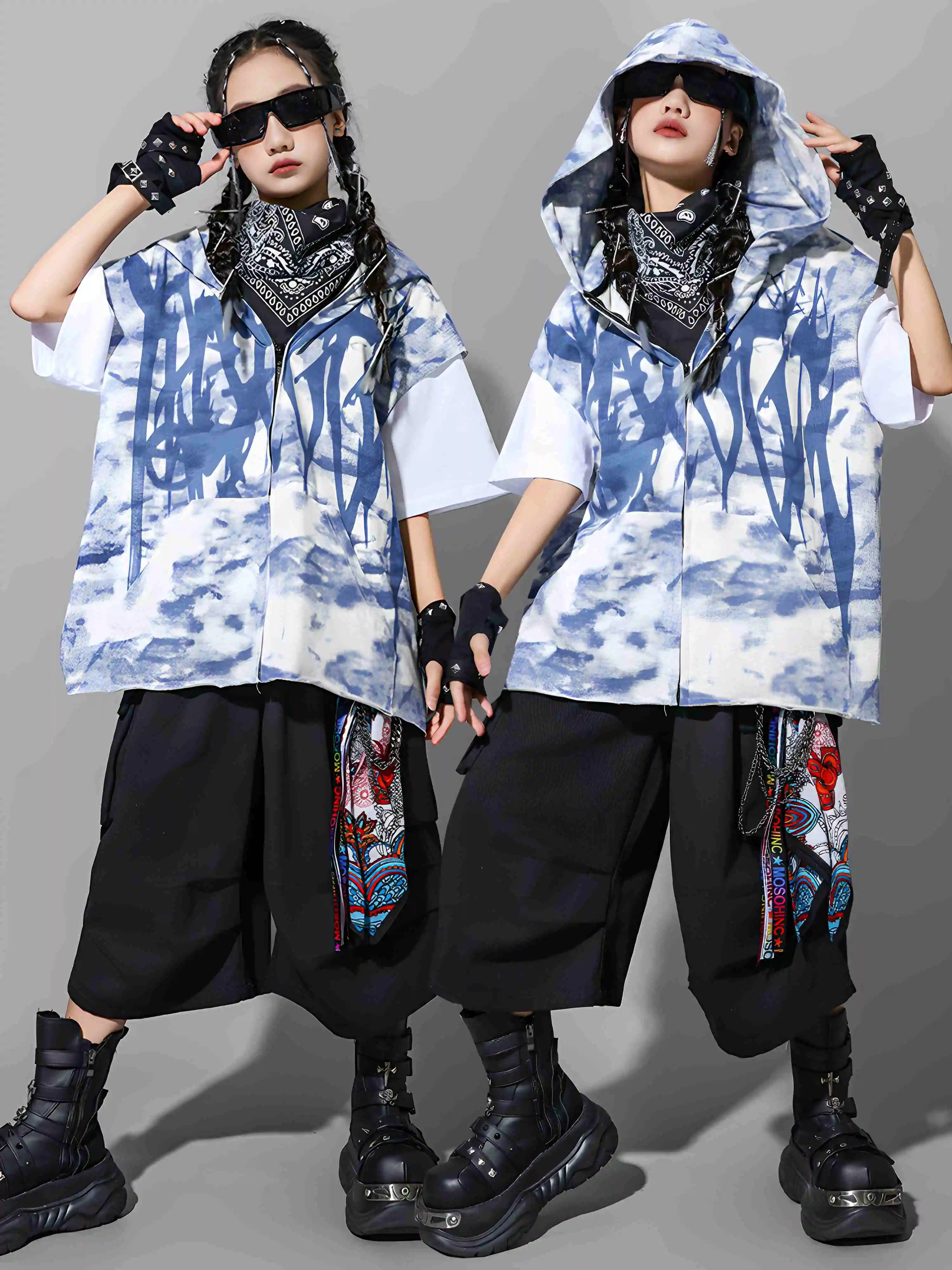 

Детская танцевальная одежда в стиле хип-хоп, синее пальто с капюшоном для мальчиков, черные шорты, летняя мешковатая уличная одежда, наряд для джазовых танцев для девочек, BL16429