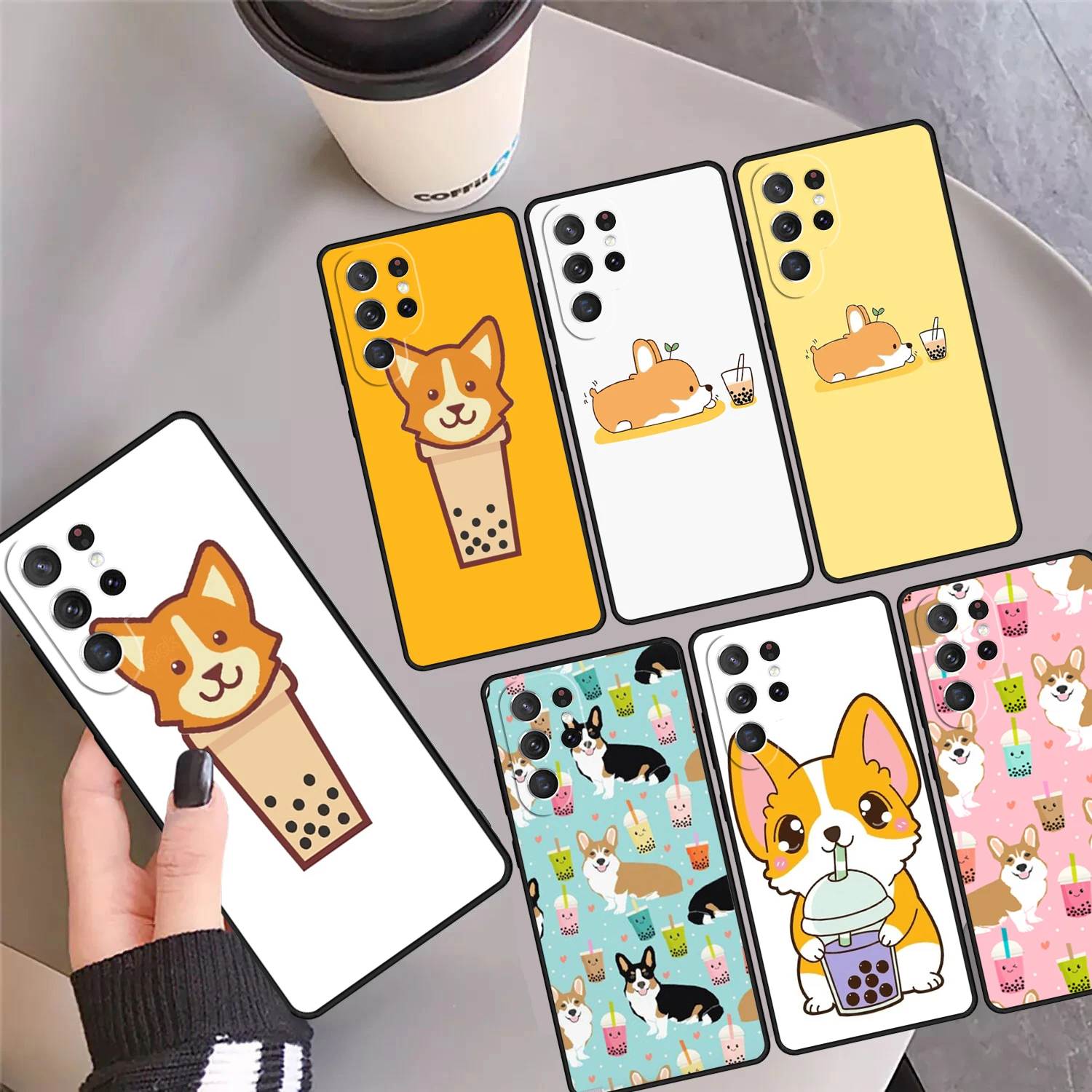 Corgi and Bubble Tea Phone Case Cover Coque For Samsung Galaxy S24 Ultra 23 S22 Plus S21 FE S20 S8 S9 S10 Note 10 Pro Note 20