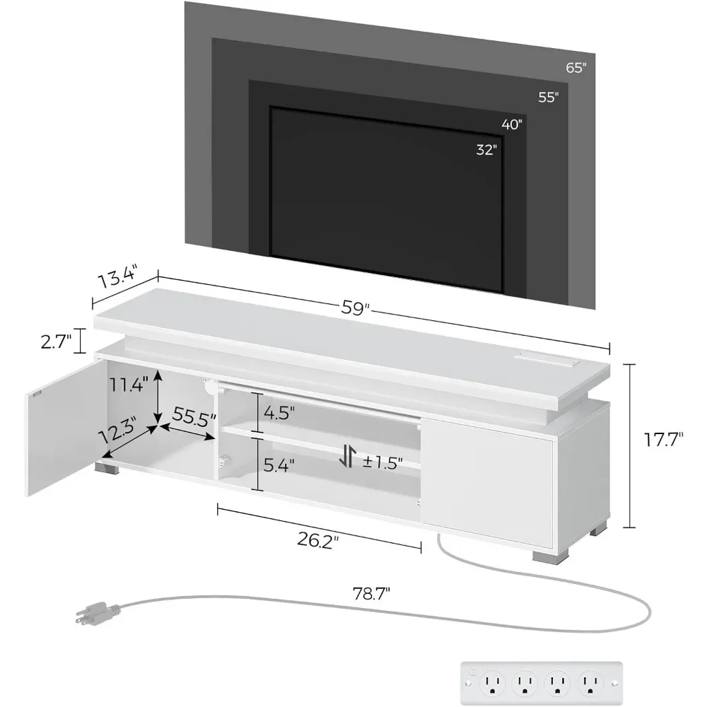 Living Room TV Stand with Storage Cabinet and Large Storage Space, Multifunctional TV Cabinet with LED Lights and Power Sockets