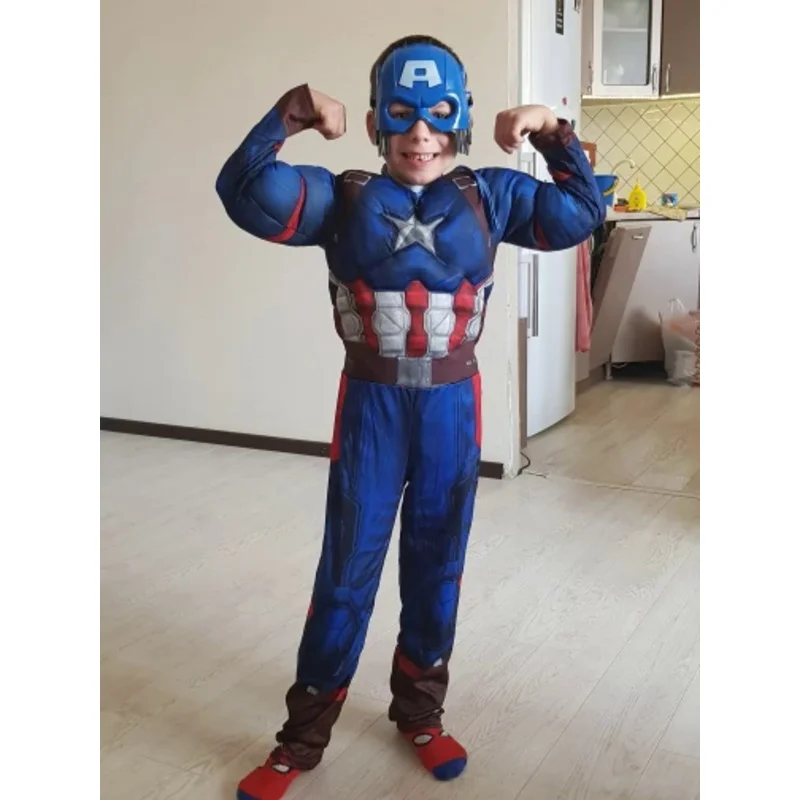 Halloween Purim Boys Captain Rogers Costume Blue Superhero Muscle America Jumpsuit Fantasia Fancy Dress Outfit