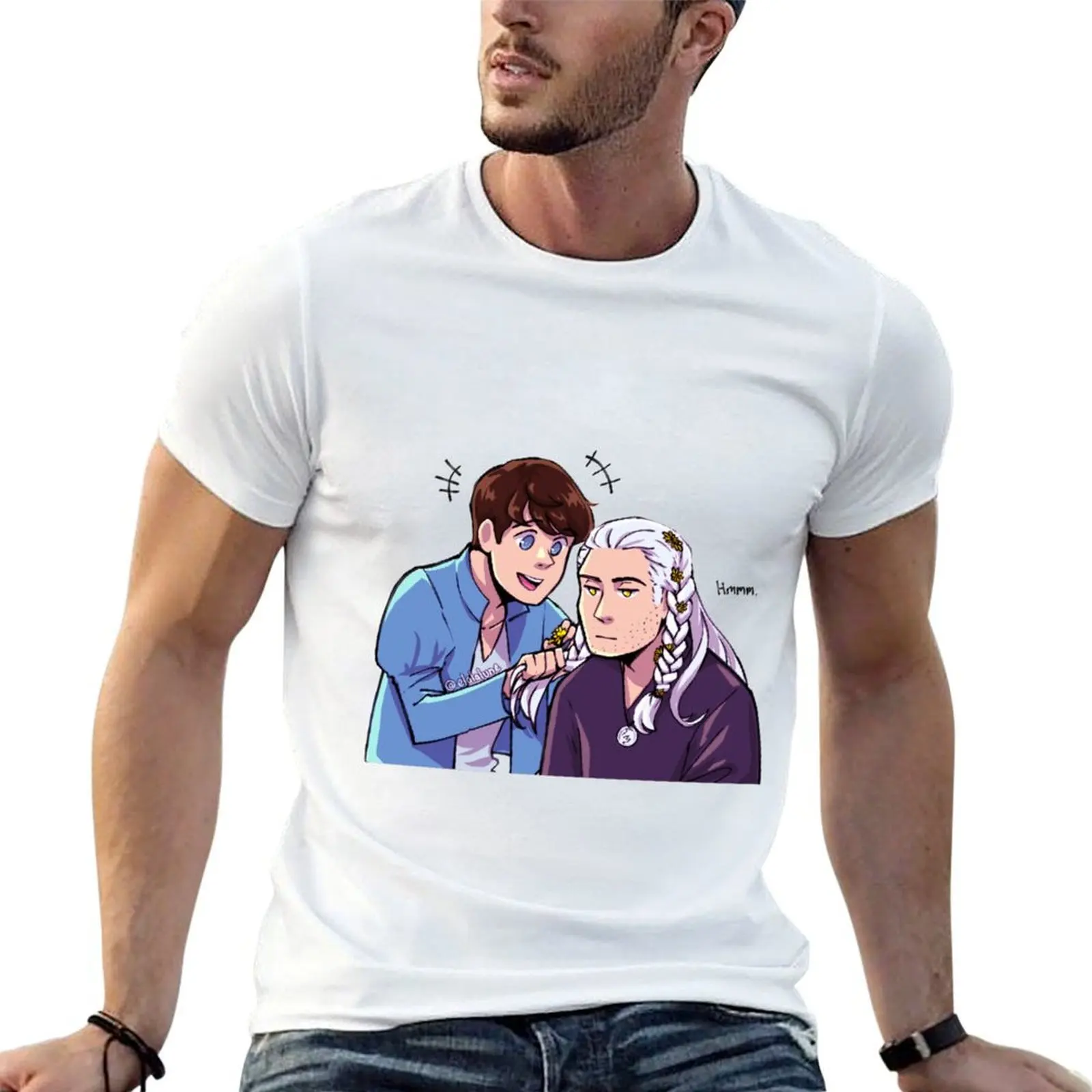 

Jaskier braids flowers into geralt's hair T-Shirt cotton t shirt man man t shirt designer T-Shirt