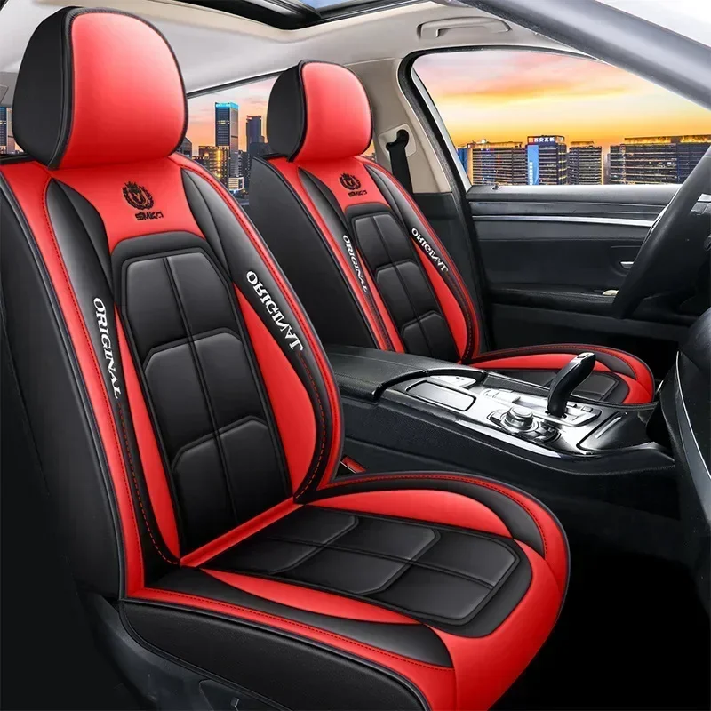 Fundas de asiento Juego completo universal de 5 asientos, cuero de PVC de lujo totalmente rodeado de fundas de asiento de coche impermeables delanteras y traseras