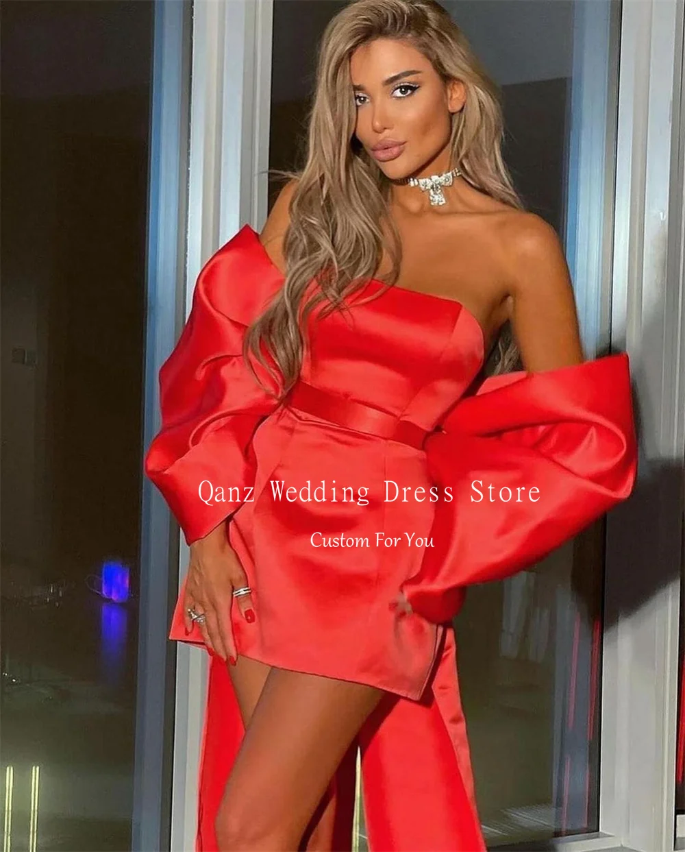 Qanz Modern Red Satin Prom Dresses Bow Shawl 2 Pieces Strapless Short Birthday Dress Women Party Cocktail Dress Customized