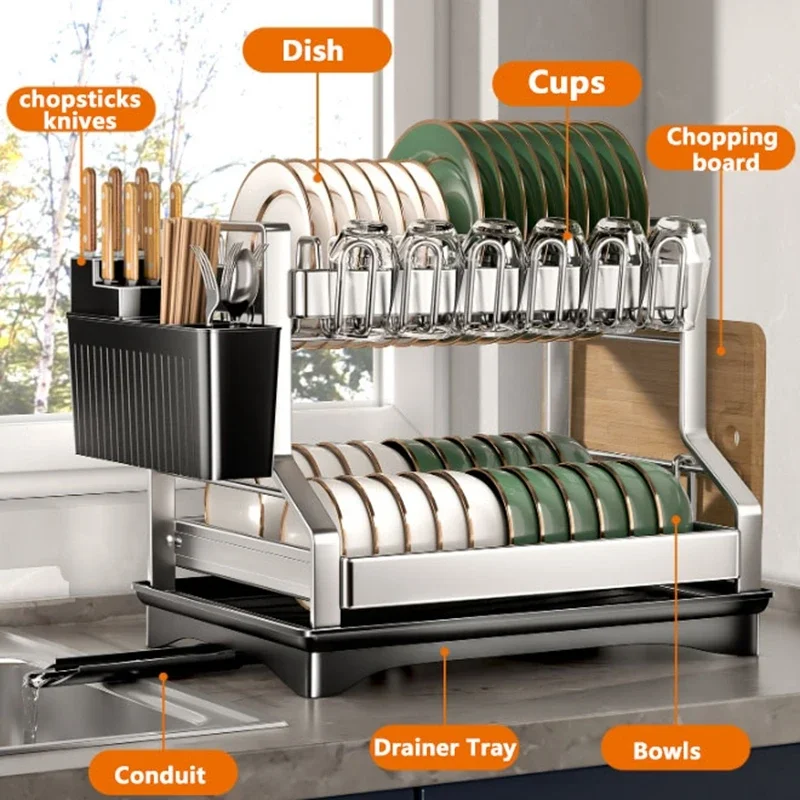 Kitchen Organizer 2 Tier Dish Drying Rack, Utensils Storage Rack, Bowls,Knife,Fork,Pot Holder, Countertop Dinnerware, Drainboard