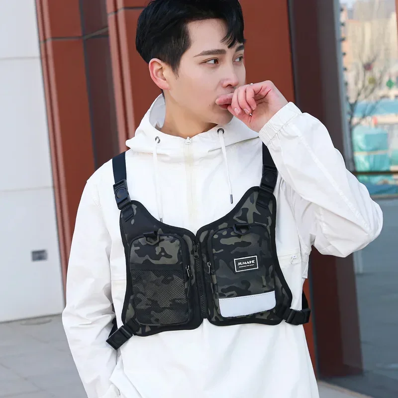 Function Outdoor Chest Bag Vest Outdoor Hip Hop Sports Fitness Men Protective Reflective Top Vest Cycling Fishing Vest Sling Bag