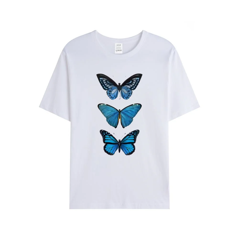 Women 100% Cotton Front 3 Butterfly Soft Skin Friendly Fit T-Shirt Unisex Outdoor Multiple Ladies Styles Casual Basic Daily Tops