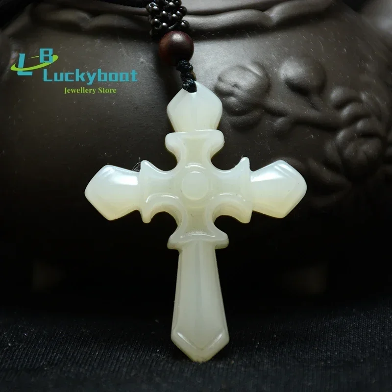 Chinese Green Jade Cross Pendant Necklace Jewellery Fashion Hand-Carved Relax Healing Man Women Luck Gifts Amulet Free Rope