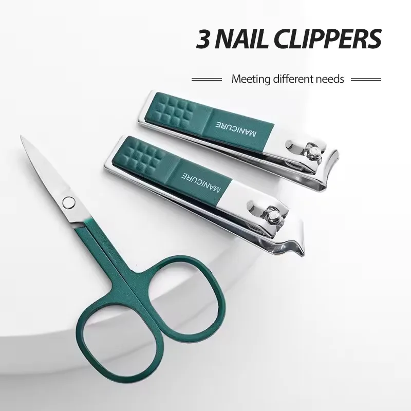 6Pcs Black Green Stainless Sttel  Stainless Steel Manicure Nails Cutter Set Nails Care Kits Pedicure With Leather Travel Case