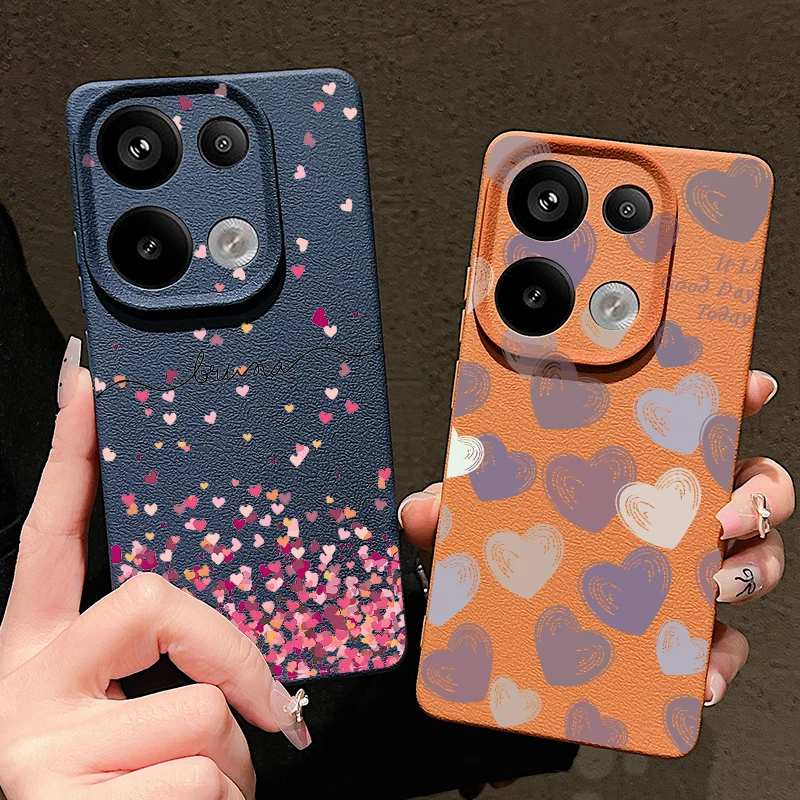 Romantic Little Heart Case For Xiaomi Redmi Note 14 13 Pro 5G 14 13 4G 12 11 Poco X6 F6 13T 13C Leather Texture TPU Phone Cover