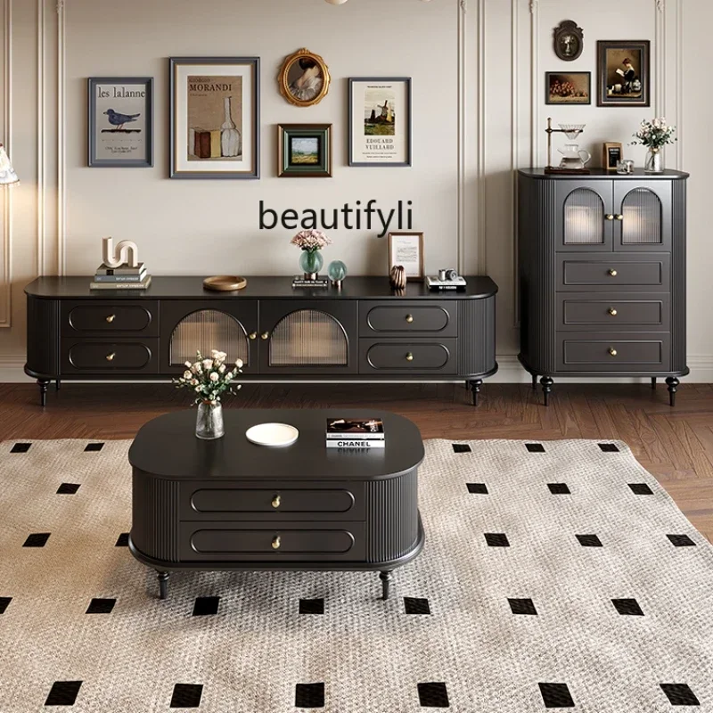 

A17 French Retro Solid Wood TV Cabinet Coffee Table Combination Simple Modern Small Apartment Living Room Paint Floor TV Stand