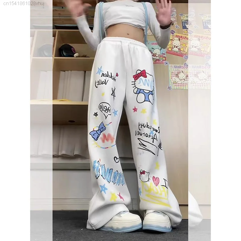 Sanrio High Street Hip Hop Sports Pants Women\'s Hello Kitty Y2k Girls Hip Hop Grunge White Trousers Female Harajuku Pants 2000s