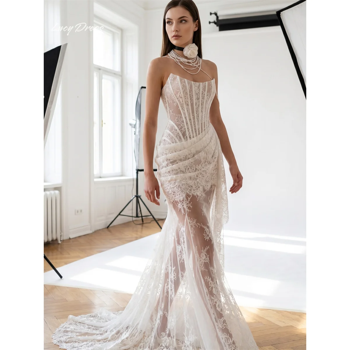 Lucy Lace Strapless Ivory Mermaid Formal Evening Gown Structured Corset Bodice Vertical Boning Elegant Draped Overlay Customized