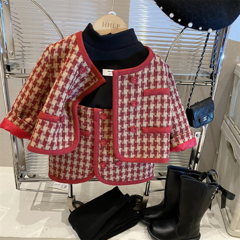 Girls Tweed Padded Cotton Red Plaid Suit Autumn And Winter New Korean Children\'s Double-Breasted Jacket Skirt Shorts 2pcs Sets