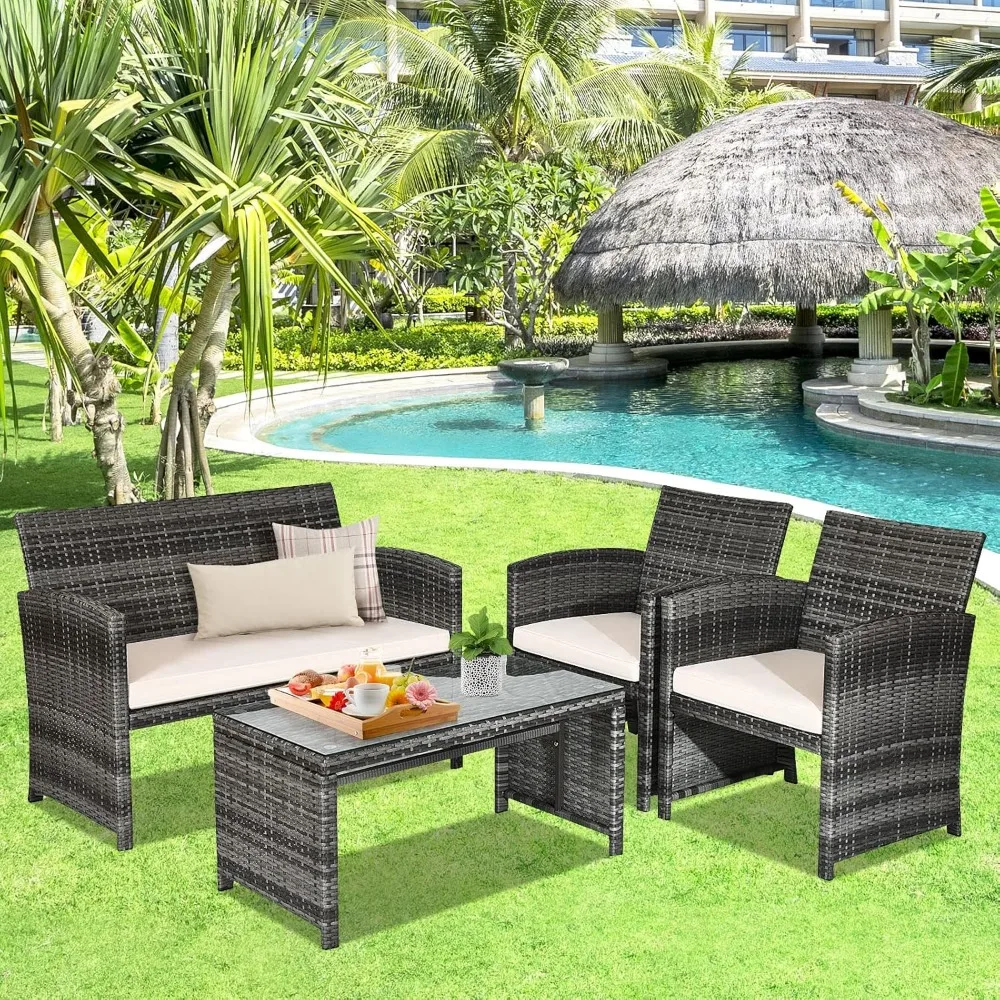 4-piece Rattan Courtyard Furniture Set, Outdoor Willow Conversation Sofa with Weather Resistant Pad and Tempered Glass Tabletop