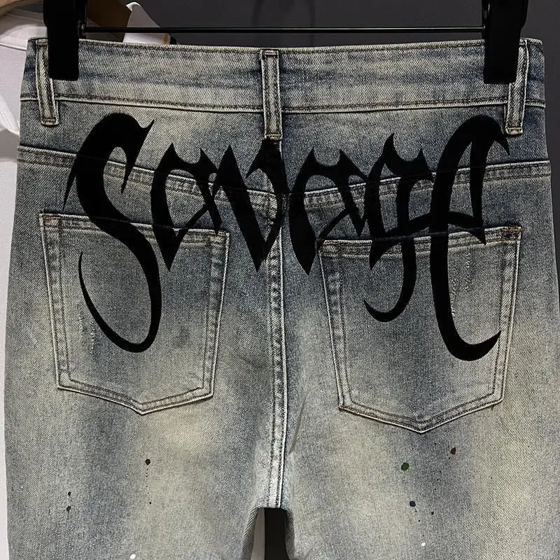 Men's Clothing Spring and Autumn Thin Printed Jeans Trendy Brand Light Luxury All-match Small Straight Letter Denim Trousers