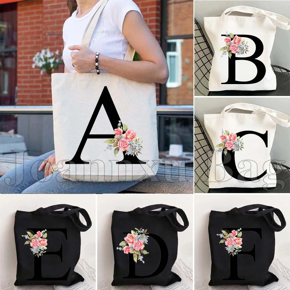 

Botanical Monogram Floral Pink Rose Flowers Initial Letter English Alphabet Cutes Durable Canvas Tote Bag Large Casual Handbag