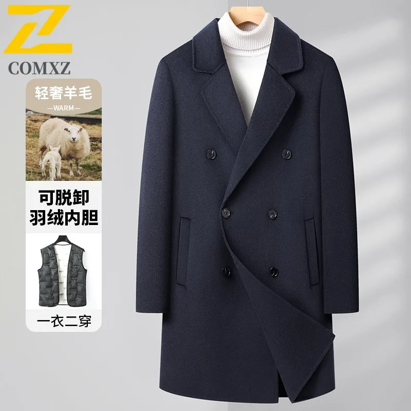COMXZ 2025 Men Detachable Down Inner Reversible Jacket Wool Long Double Breasted Business Coat Casual Youth Tweed windbreaker