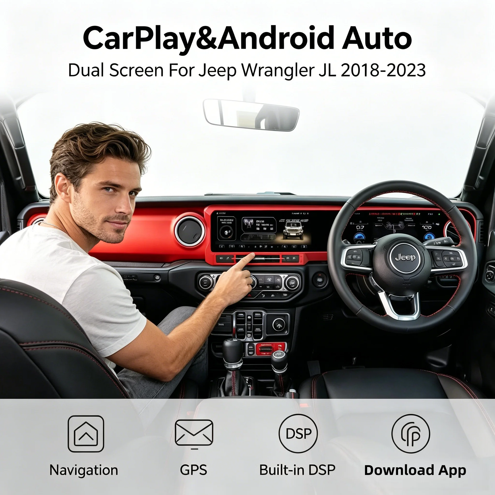 Dual Screen Android Multimedia For Jeep Wrangler 2018-2023 LCD Instrument Panel Video Player Carplay GPS Navigation Android Auto